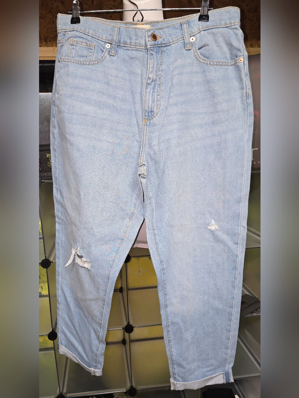 #82 Universal Thread Light Blue Slim Straight Jeans with Distressed Details